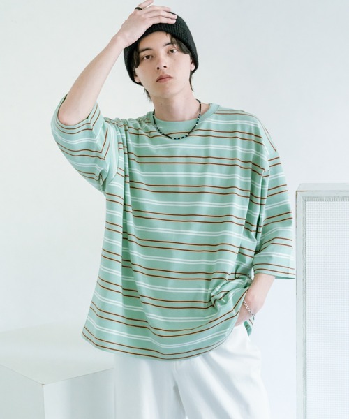 SENSE OF PLACE by URBAN RESEARCH(センスオブプレイスバイアーバンリサーチ)の「ボーダーエクストラルーズTシャツ(Tシャツ/カットソー・メンズ・ブラウン/ライトグレー/ネイビー/ミント・MEDIUM/LARGE)」の3枚目の写真