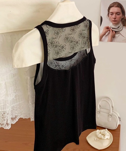 DAY CLOSET(デイ クローゼット)の「【カップ付き】花柄 レース リブ タンクトップ レディース(タンクトップ・レディース・ブラック・FREE)」の10枚目の写真