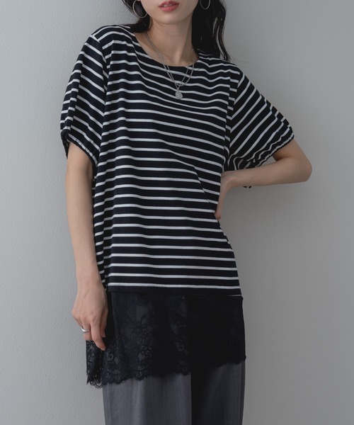 ANNA LUNA(アンナルナ)の「【ANNA LUNA】 1枚で完成◎ 裾レース ボーダー プルオーバー!(Tシャツ/カットソー・レディース・オフホワイト/ブラック・MEDIUM)」の2枚目の写真