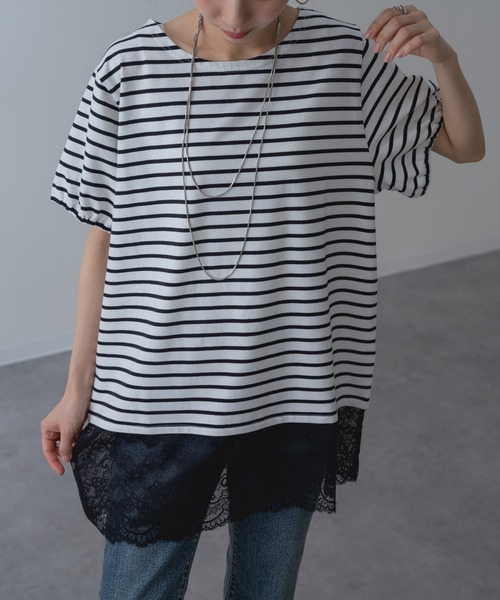ANNA LUNA(アンナルナ)の「【ANNA LUNA】 1枚で完成◎ 裾レース ボーダー プルオーバー!(Tシャツ/カットソー・レディース・オフホワイト/ブラック・MEDIUM)」の17枚目の写真
