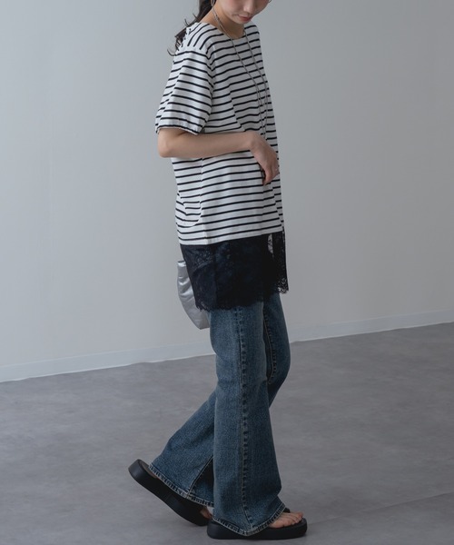 ANNA LUNA(アンナルナ)の「【ANNA LUNA】 1枚で完成◎ 裾レース ボーダー プルオーバー!(Tシャツ/カットソー・レディース・オフホワイト/ブラック・MEDIUM)」の5枚目の写真