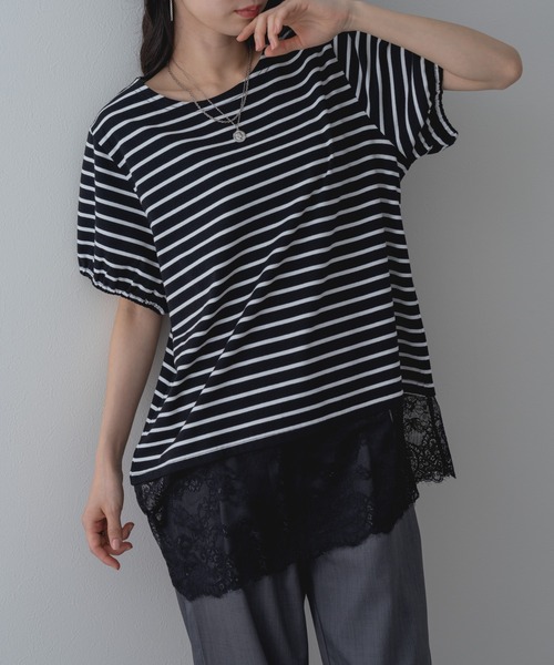 ANNA LUNA(アンナルナ)の「【ANNA LUNA】 1枚で完成◎ 裾レース ボーダー プルオーバー!(Tシャツ/カットソー・レディース・オフホワイト/ブラック・MEDIUM)」の12枚目の写真