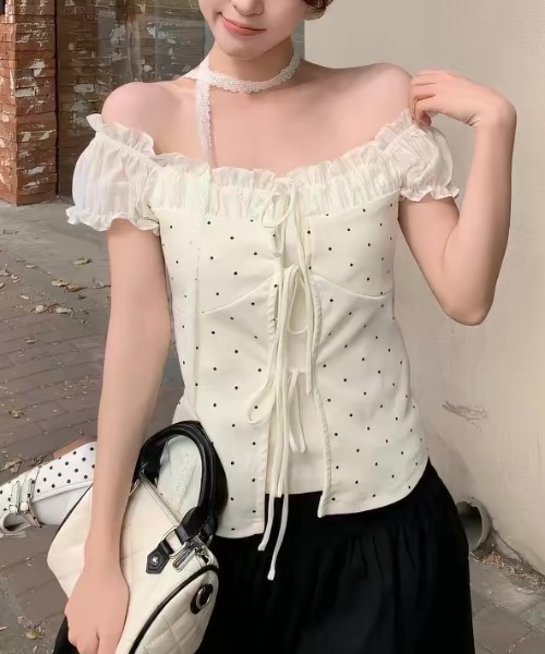 LAMPOON（ランプーン）の「レースリボン付きドットトップス（Tシャツ/カットソー・レディース・アイボリー/ピンク・SMALL/MEDIUM/LARGE）」の6枚目の写真