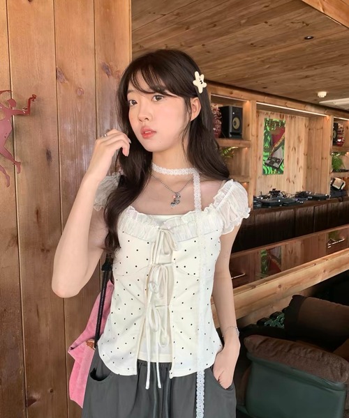 LAMPOON（ランプーン）の「レースリボン付きドットトップス（Tシャツ/カットソー・レディース・アイボリー/ピンク・SMALL/MEDIUM/LARGE）」の8枚目の写真