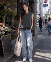 【KONVINI select】シアーチュールドッキングチャイナデザインノースリーブブラウス