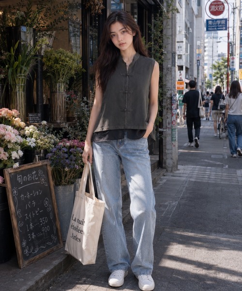 KONVINI(コンビニ)の「【KONVINI select】シアーチュールドッキングチャイナデザインノースリーブブラウス(シャツ/ブラウス・レディース・グレー/ブラック/ホワイト・FREE)」の3枚目の写真