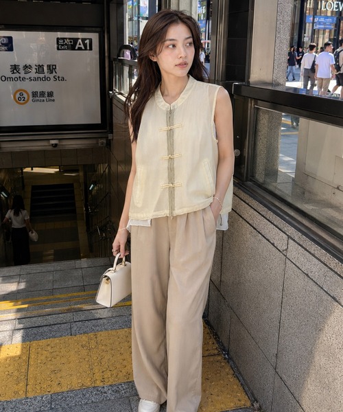 KONVINI(コンビニ)の「【KONVINI select】シアーチュールドッキングチャイナデザインノースリーブブラウス(シャツ/ブラウス・レディース・グレー/ブラック/ホワイト・FREE)」の1枚目の写真