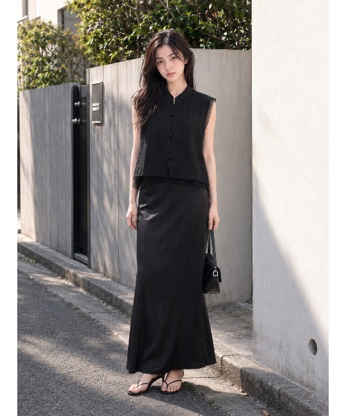 KONVINI(コンビニ)の「【KONVINI select】シアーチュールドッキングチャイナデザインノースリーブブラウス(シャツ/ブラウス・レディース・グレー/ブラック/ホワイト・FREE)」の2枚目の写真