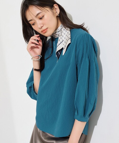 INDIVI(インディヴィ)の「【初秋にピッタリ!/洗える】凹凸素材ミニスタンドトップス(Tシャツ/カットソー・レディース・ブルー系その他/ブラック/ホワイト系2/ブラック系・05/38/34/19/15 /13)」の4枚目の写真