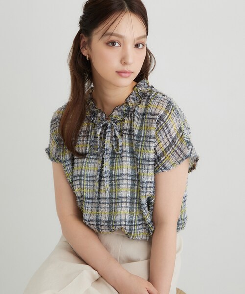 Sunauna(スーナウーナ)の「チェック柄フリルブラウス(シャツ/ブラウス・レディース・ライトイエロー系2/ネイビー系1/ダークブラウン系1/ライトオレンジ系1・38/40)」の1枚目の写真