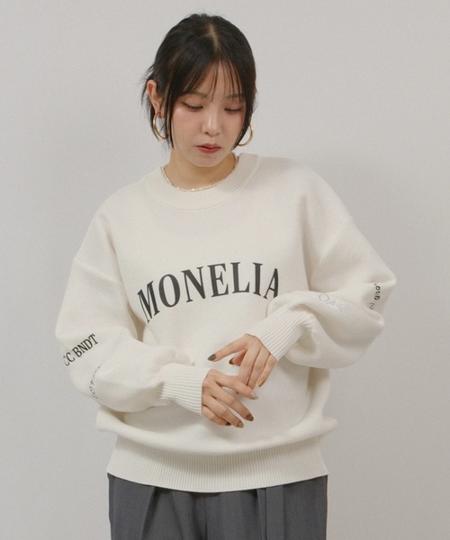 palm RICHE(ポームリシュ)の「スウェットライクロゴ刺繍ニット(スウェット・レディース・オフホワイト/ライトピンク/ブラック・M)」の1枚目の写真