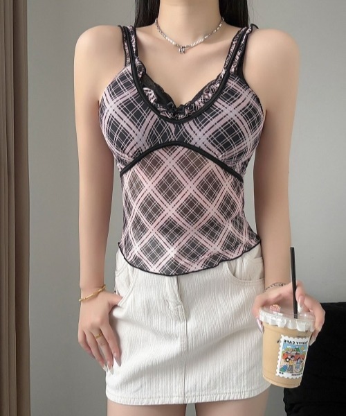 gossip!ロサンゼルス(ゴシップロサンゼルス)の「【Y2Kガーリー】レトロチェック柄レースドッキングキャミソールブラパッド付きショート丈トップス(キャミソール・レディース・ブルー/イエロー/ピンク/ブラウン/ホワイト・FREE)」の20枚目の写真