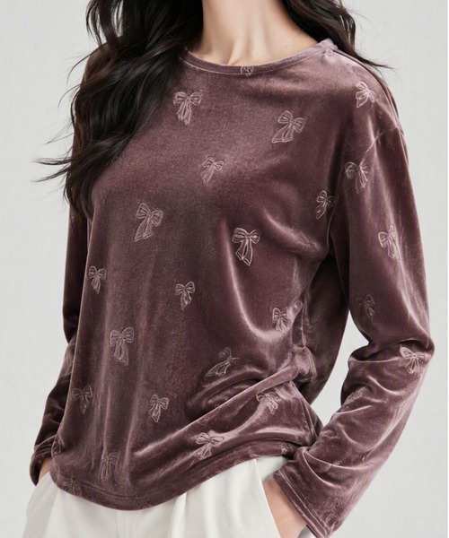 Sew loop(ソーループ)の「ベロアリボン柄立体プリント長袖Tシャツ(Tシャツ/カットソー・レディース・ブラック/ネイビー/ブラウン/グレー・FREE)」の3枚目の写真