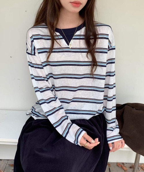 GEMEDA(ジェメダ)の「クルーネックボーダー柄ロングスリーブTシャツ(Tシャツ/カットソー・レディース・ホワイト/グレー・M)」の1枚目の写真