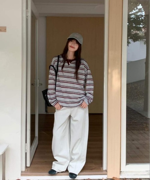 GEMEDA(ジェメダ)の「クルーネックボーダー柄ロングスリーブTシャツ(Tシャツ/カットソー・レディース・ホワイト/グレー・M)」の4枚目の写真