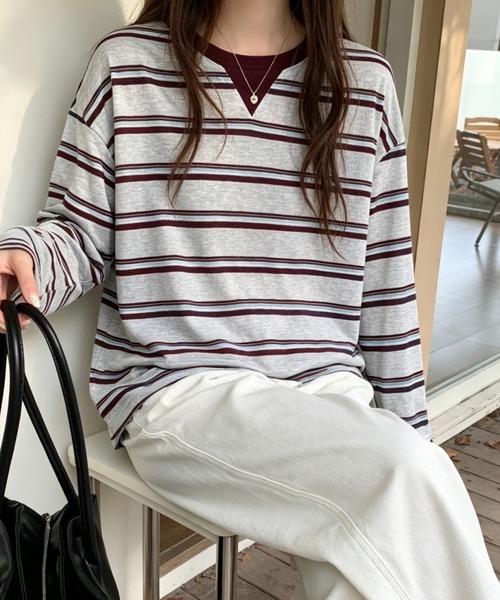 GEMEDA(ジェメダ)の「クルーネックボーダー柄ロングスリーブTシャツ(Tシャツ/カットソー・レディース・ホワイト/グレー・M)」の7枚目の写真