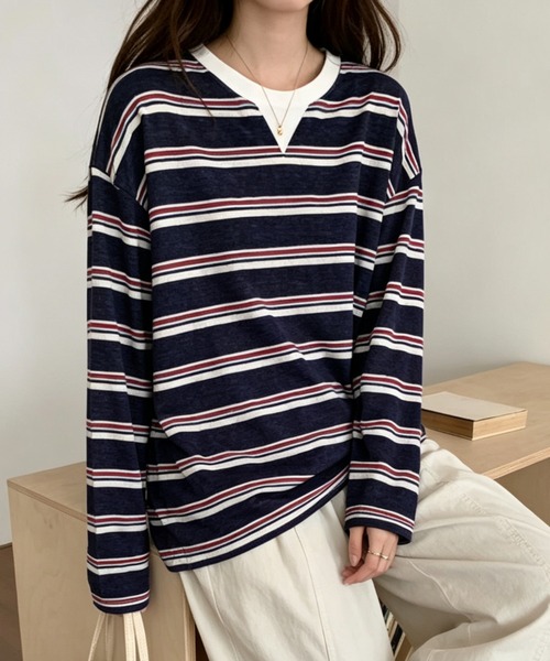 GEMEDA(ジェメダ)の「クルーネックボーダー柄ロングスリーブTシャツ(Tシャツ/カットソー・レディース・ホワイト/グレー・M)」の12枚目の写真