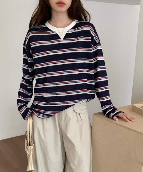 GEMEDA(ジェメダ)の「クルーネックボーダー柄ロングスリーブTシャツ(Tシャツ/カットソー・レディース・ホワイト/グレー・M)」の15枚目の写真