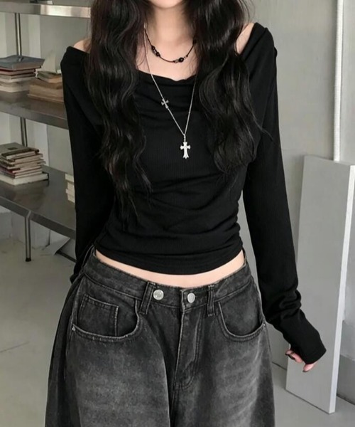 semplice(センプリチェ)の「カットソー【韓国ファッション】(Tシャツ/カットソー・レディース・ブラック/グレー・F)」の2枚目の写真
