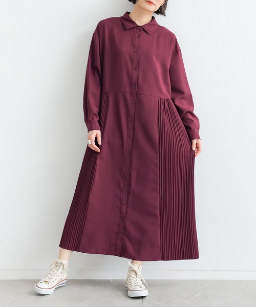n'OrLABEL(ノアールレーベル)の「プリーツシャツワンピース(シャツワンピース・レディース・ベージュ/ボルドー/ブラック・2/1)」の1枚目の写真
