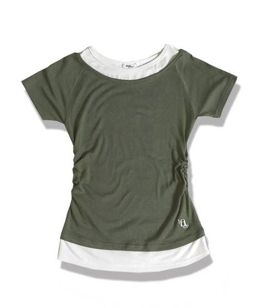 LIKE THE MOST(ライクザモースト)の「シャーリングポイントオフレイヤード半袖Tシャツ_カーキ(Tシャツ/カットソー・レディース・カーキ・SMALL/MEDIUM/LARGE)」の1枚目の写真