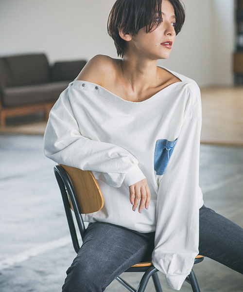 VENCEEXCHANGE(ヴァンスエクスチェンジ)の「ピグメントオフショルプルオーバー(Tシャツ/カットソー・レディース・ネイビー/オフホワイト/ピンク・M)」の2枚目の写真