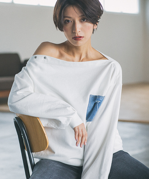 VENCEEXCHANGE(ヴァンスエクスチェンジ)の「ピグメントオフショルプルオーバー(Tシャツ/カットソー・レディース・ネイビー/オフホワイト/ピンク・M)」の8枚目の写真