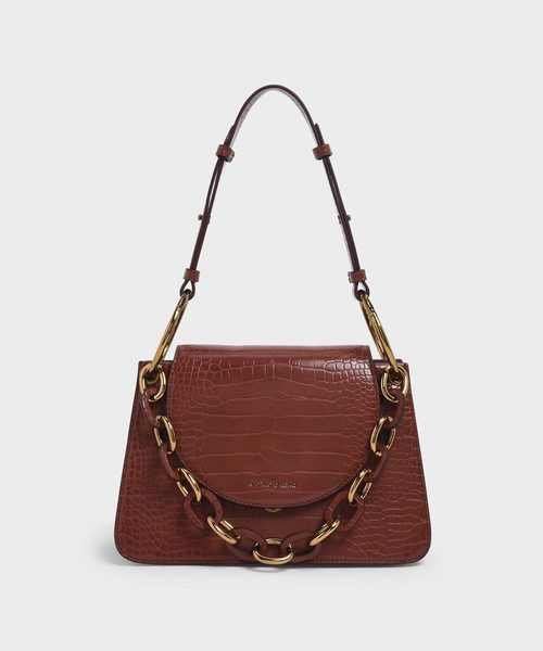 CHARLES & KEITH(チャールズ & キース)の「クロックエフェクト チャンキーチェーンバッグ / Croc-Effect Chunky Chain Bag(ショルダーバッグ・レディース・ブラック/バーガンディー/マルチ/タン・M)」の1枚目の写真