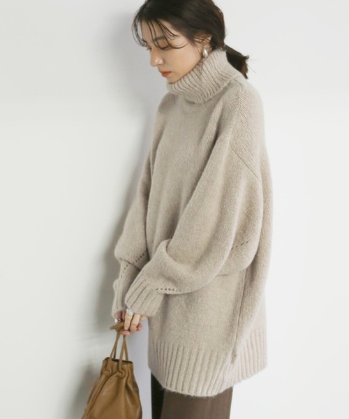 select MOCA(セレクトモカ)の「オーバータートルニット/ウール混リブスリーブチュニックニット(ニット/セーター・レディース・オレンジ/グリーン/ベージュ・FREE)」の11枚目の写真