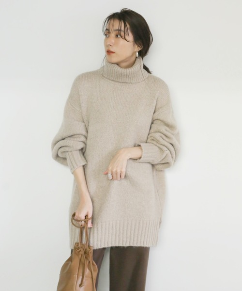 select MOCA(セレクトモカ)の「オーバータートルニット/ウール混リブスリーブチュニックニット(ニット/セーター・レディース・オレンジ/グリーン/ベージュ・FREE)」の13枚目の写真