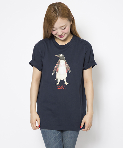 X-girl（エックスガール）の「ANIMAL STUDENTS S/S MENS TEE（Tシャツ/カットソー・レディース・ホワイト/ブラック/ネイビー・MEDIUM/LARGE）」の3枚目の写真