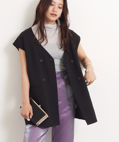 AULI（アウリィ）の「【低身長向けサイズ】ダブルロングベスト（ベスト・レディース・ブラック/ベージュ/イエロー×グリーン・XS）」の16枚目の写真