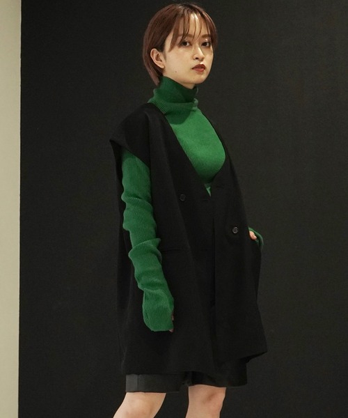 AULI（アウリィ）の「【低身長向けサイズ】ダブルロングベスト（ベスト・レディース・ブラック/ベージュ/イエロー×グリーン・XS）」の4枚目の写真