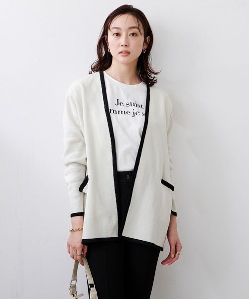 UR'S(ユアーズ)の「バイカラーニットジャケット(ノーカラージャケット・レディース・ホワイト/ブラック・M/S/L)」の20枚目の写真