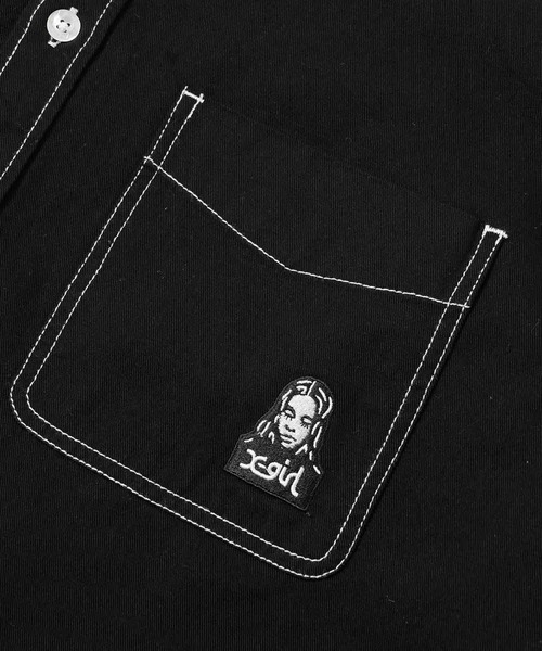 X-girl（エックスガール）の「TWILL FACE EMBROIDERY S/S SHIRT/フェイス刺繍　ツイルシャツ（シャツ/ブラウス・レディース・ライトグレー/ブラック/ピンク・S/M）」の9枚目の写真