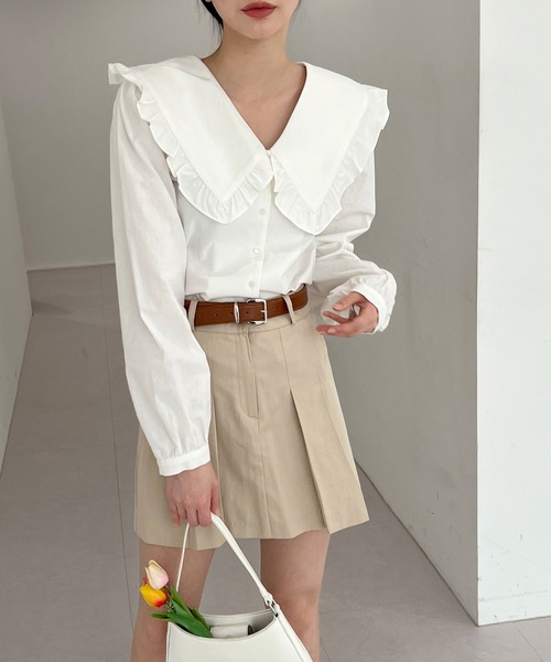 by muni:r（バイ ムニール）の「ビッグカラーフリルブラウス（シャツ/ブラウス・レディース・ベージュ/ブルー/アイボリー・FREE）」の15枚目の写真