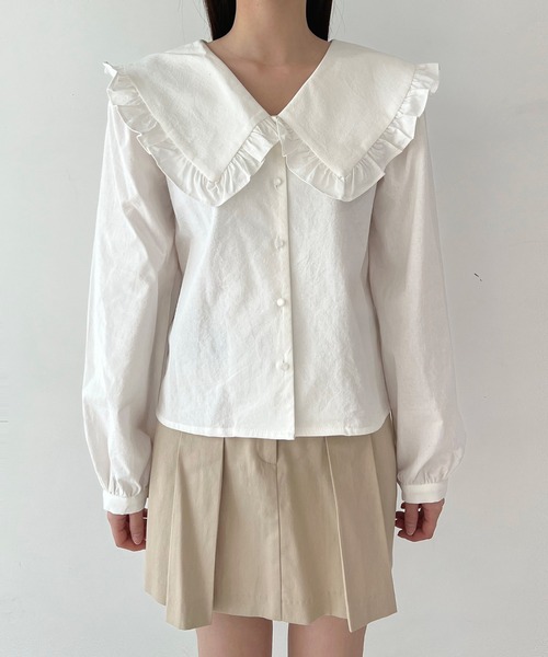 by muni:r（バイ ムニール）の「ビッグカラーフリルブラウス（シャツ/ブラウス・レディース・ベージュ/ブルー/アイボリー・FREE）」の19枚目の写真