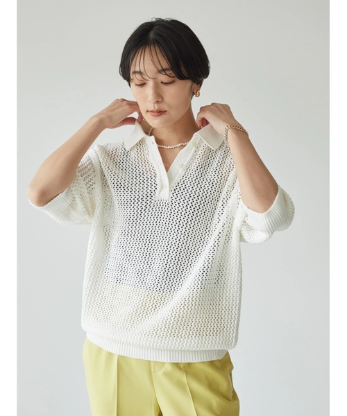 AMERICAN HOLIC（アメリカンホリック）の「透かし編み衿付きニットプルオーバー　-ウォッシャブル-（ポロシャツ・レディース・ブラック/オフホワイト・M/L）」の6枚目の写真