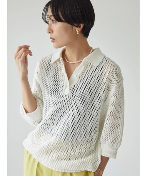 AMERICAN HOLIC（アメリカンホリック）の「透かし編み衿付きニットプルオーバー　-ウォッシャブル-（ポロシャツ・レディース・ブラック/オフホワイト・M/L）」の5枚目の写真