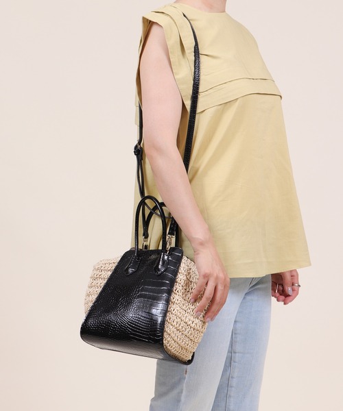 BASE（ベース）の「レディース 異素材ミックス カゴ トートバッグ（かごバッグ・レディース・ブラック/ベージュ/グリーン/アイボリー・FREE）」の10枚目の写真