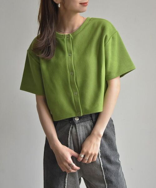 RETRO GIRL(レトロガール)の「半袖ドットテレコカーデ(Tシャツ/カットソー・レディース・チャコールグレー/グリーン/オフホワイト/オレンジ/イエロー・FREE)」の4枚目の写真