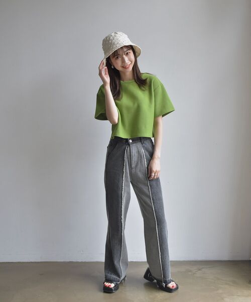 RETRO GIRL(レトロガール)の「半袖ドットテレコカーデ(Tシャツ/カットソー・レディース・チャコールグレー/グリーン/オフホワイト/オレンジ/イエロー・FREE)」の16枚目の写真