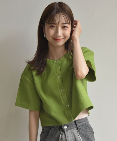 RETRO GIRL(レトロガール)の「半袖ドットテレコカーデ(Tシャツ/カットソー・レディース・チャコールグレー/グリーン/オフホワイト/オレンジ/イエロー・FREE)」の14枚目の写真