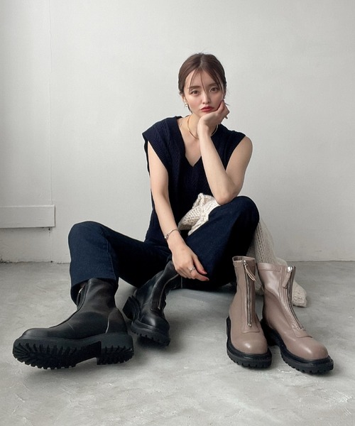 セール】ZOZO限定 厚底 フロントジップ ストレッチ ブーツ 21393