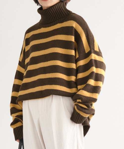 Chaco closet（チャコ クローゼット）の「モヘアライクボーダータートルニットプルオーバー（ニット/セーター・レディース・アイボリー/ブラウン/ベージュ/ネイビー/ブラック/ダークグリーン・FREE）」の3枚目の写真