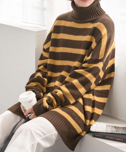 Chaco closet（チャコ クローゼット）の「モヘアライクボーダータートルニットプルオーバー（ニット/セーター・レディース・アイボリー/ブラウン/ベージュ/ネイビー/ブラック/ダークグリーン・FREE）」の14枚目の写真