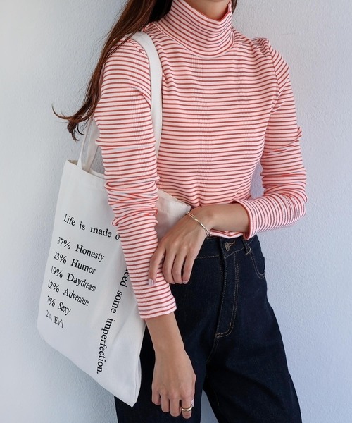 andme（アンドミー）の「ボーダーフライスタートルネック長袖トップス（Tシャツ/カットソー・レディース・ホワイト×ブラック/ホワイト×グレー/ホワイト×グリーン/オレンジ系その他/ベージュ系その他/キナリ/ブルー系その他/ブラウン系その他/ベージュ系その他2・M）」の18枚目の写真