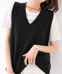 ニットベスト トップス レディース スリット ボタン トップス Uネック Vネック プルオーバー 無地 可愛い きれいめ 20代 30代 40代  温かい あったかい 柔らかい 体型カバー シンプル 厚手
