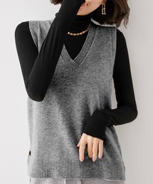 ニットベスト トップス レディース スリット ボタン トップス Uネック Vネック プルオーバー 無地 可愛い きれいめ 20代 30代 40代 温かい あったかい 柔らかい 体型カバー シンプル 厚手