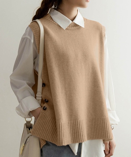 dceuxieme classe ベージュ ニットベスト 背後スリット ニット後ろ長めV首ベスト(婦人)(M～L ベージュ): ユニバーサル